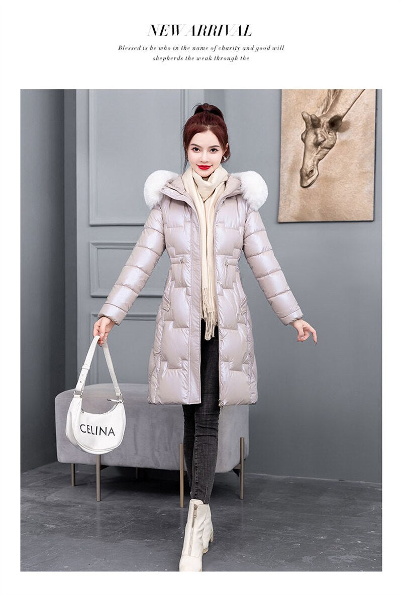 Women Long Warm Thick Cotton Padded Coat Fur Collar Hooded Padded Winter Jackets - WPJ3055