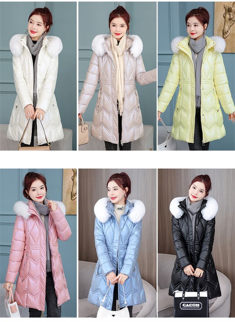Women Padded Big Fur Collar Hooded Thick Warm Long Casual Outwear Glossy Down Cotton Jacket - WPJ3052