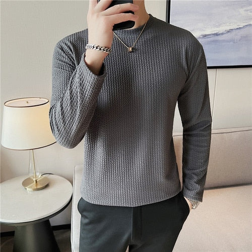 Men High Quality Casual Long-sleeved Stretch T-shirts/Male Slim Waves Plaid O-neck Comfortable Sweatshirt - MSS2331