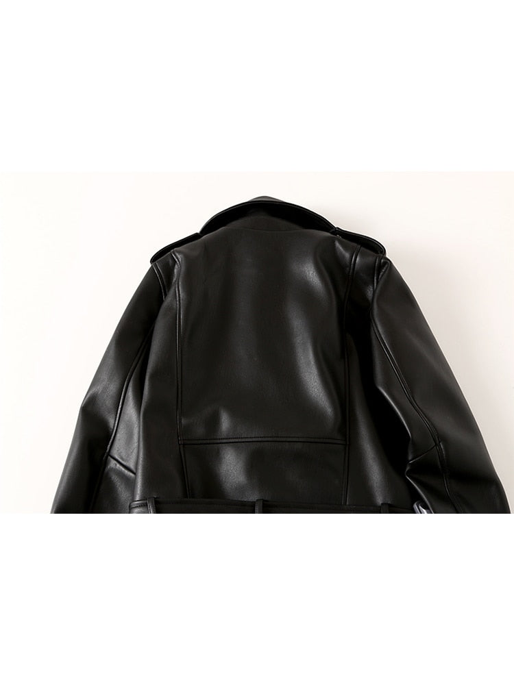 Women Slim Fit Black Pu Faux Leather Jacket with Belt Spring Female Zipper Coat Outwear - WJK2632