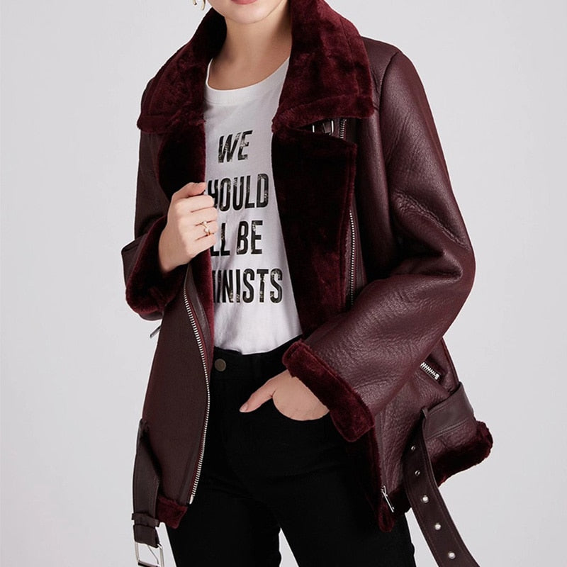 Women Thick Faux Leather Fur Sheepskin Coat Female Fur Leather Jacket Outwear - WJK2633