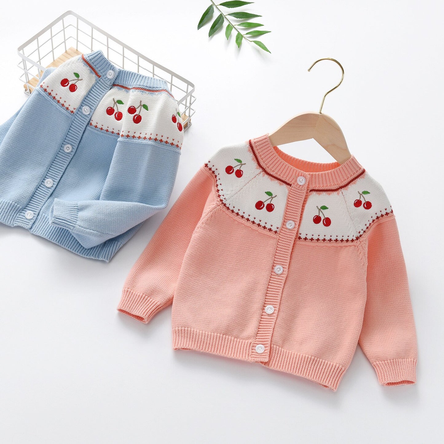 Kid Girls' Cloth Cherry Embroidery Flat Needle Knitted Cardigan Sweater For Girls Cuff Sweaters - BTGCS2441