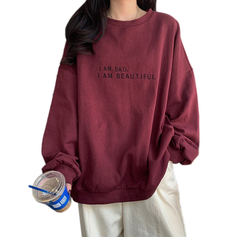 Women Loose Letter Print Sweatshirts Spring Autumn Round Collar Long Sleeve Beautiful Sweatshirt - WS2196
