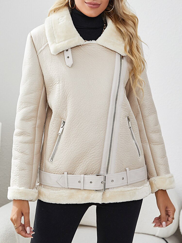 Women Thick Warm Fuax Leather Jacket with Belt Autumn Winter Loose Coat Outwear - WJK2626