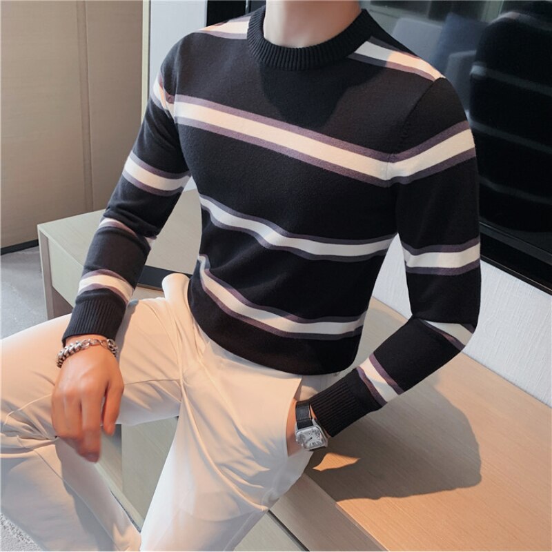 Men Casual Sweaters Slim Fit Stripe Knitting jumpers Long Sleeve Round Collar - MSS2335