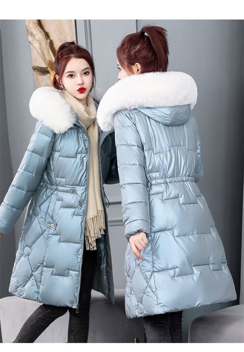 Women Long Warm Thick Cotton Padded Coat Fur Collar Hooded Padded Winter Jackets - WPJ3055