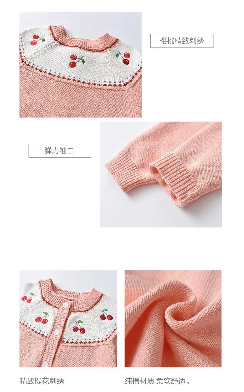 Kid Girls' Cloth Cherry Embroidery Flat Needle Knitted Cardigan Sweater For Girls Cuff Sweaters - BTGCS2441
