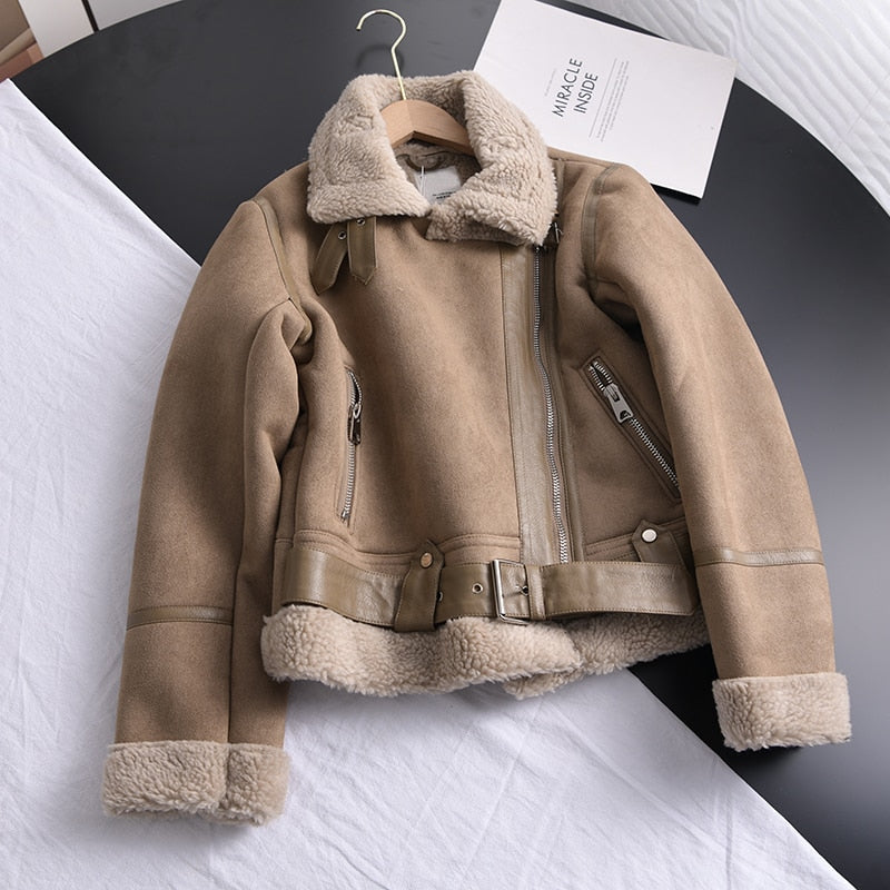 Women Winter Faux Shearling Sheepskin Leather Jackets Lady Thick Warm Suede Lambs Short Coats - WJK2635