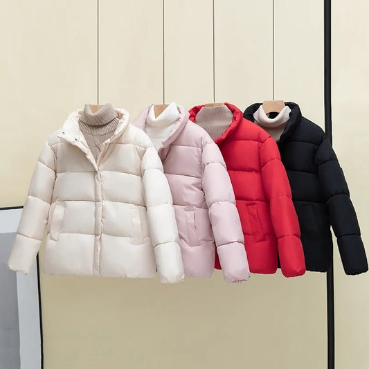 Women Winter Jacket Short Stand Collar Cotton Coat Loose Padded Bread Coat Solid Outwear - WPJ3054