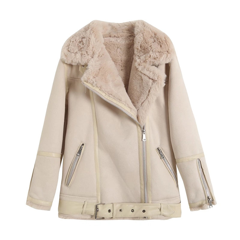 Women Autumn Winter Thick Warm Loose Faux Suede Leather Soft Fur Jacket with Belt Zipper Coat - WJK2616