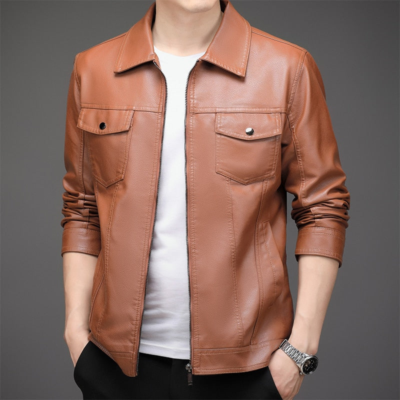 Men's Casual PU Leather Jacket Solid Color Business Collar PU Blazers Long Sleeve Dress Coat Jackets - MLJ2711