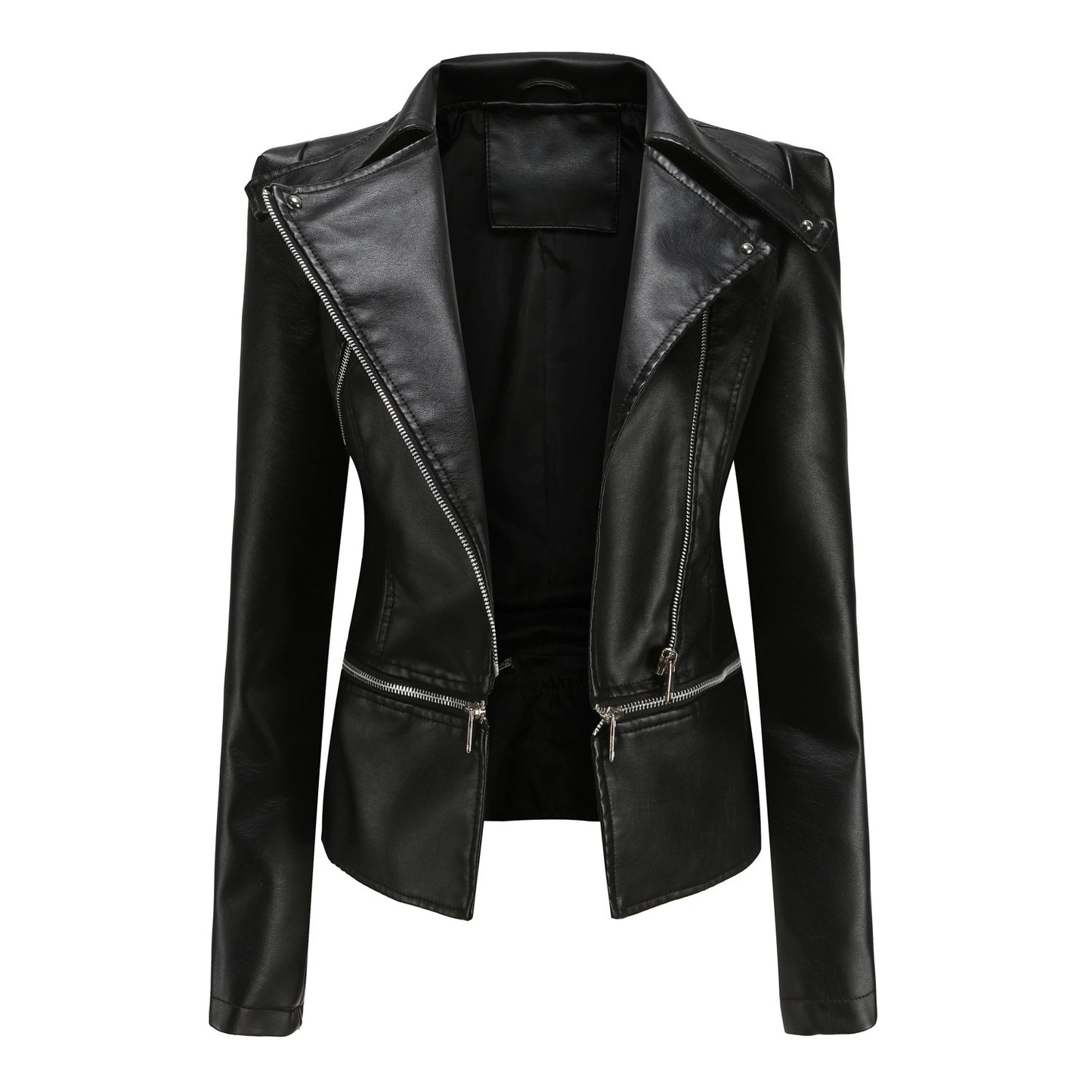 Women Fashion Leather Jacket Detachable Hem Design Female Slim PU Outerwear - WJK2607