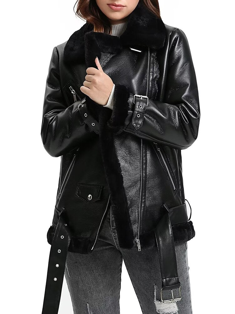 Women Loose Black Pu Faux Leather Coat with Belt Zipper Thick Warm Jacket Outwear - WJK2618