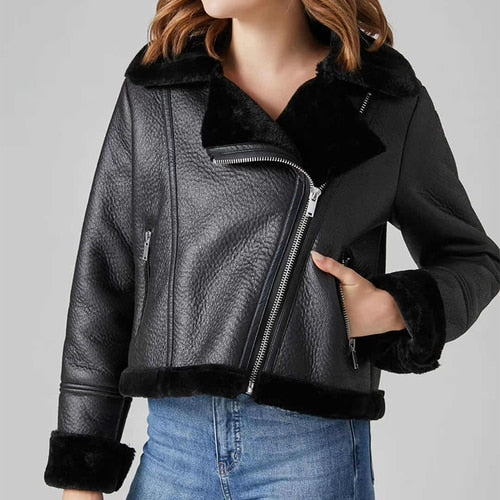 Women Pu Fuax Soft Leather Short Jacket  Motorcycle Thick Warm Coats Outwear - WJK2630