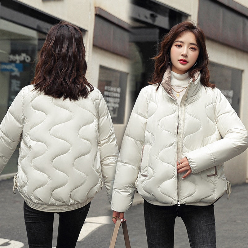 Women Jacket Coat Stand Collar Shiny Down Cotton Jacket Thicke Warm Short Cotton Clothes Female Overcoat - WPJ3047