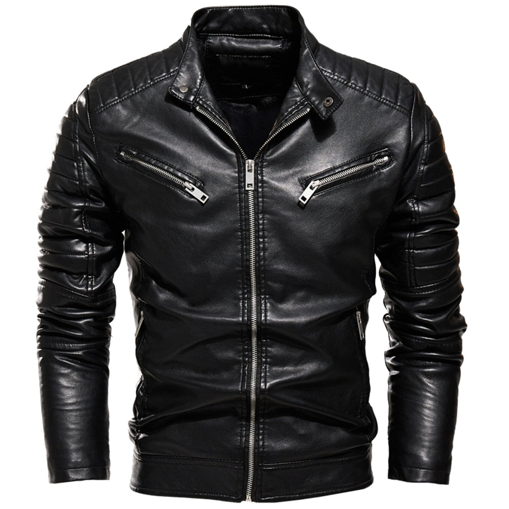 Men Leather Jacket Fur Lined Warm Jacket Slim Street Fashion Coat Pleated Design Zipper - MLJ2679