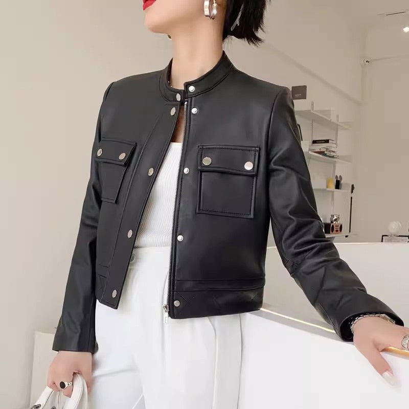 Women Black Genuine Leather Jacket Spring Autumn Slim Stand Collar Real Sheepskin Coat Jackets - WJK2596