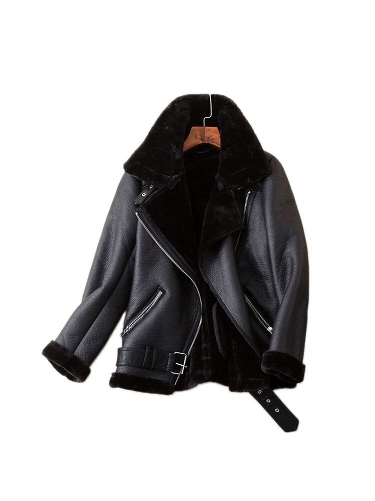 Women Thick Warm Fuax Leather Jacket with Belt Autumn Winter Loose Coat Outwear - WJK2626