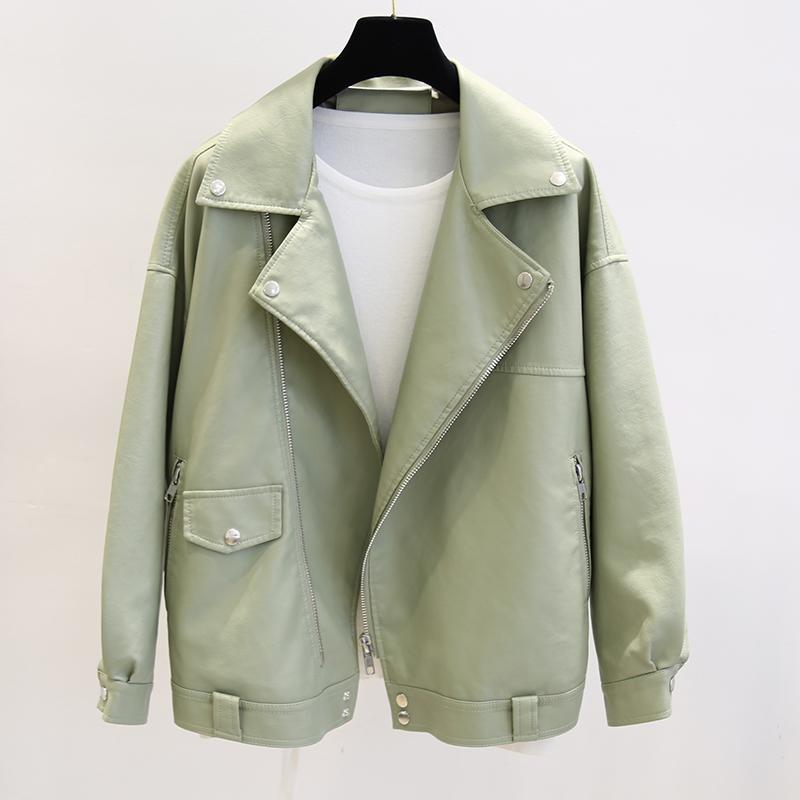 Women Pu Jacket Loose BF Coat Female Turndown Collar Zipper Vintage Street Jacket - WJK2584