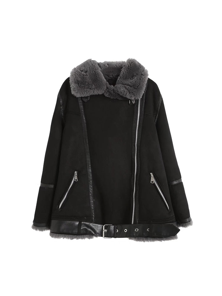 Women Autumn Winter Thick Warm Loose Faux Suede Leather Soft Fur Jacket with Belt Zipper Coat - WJK2616