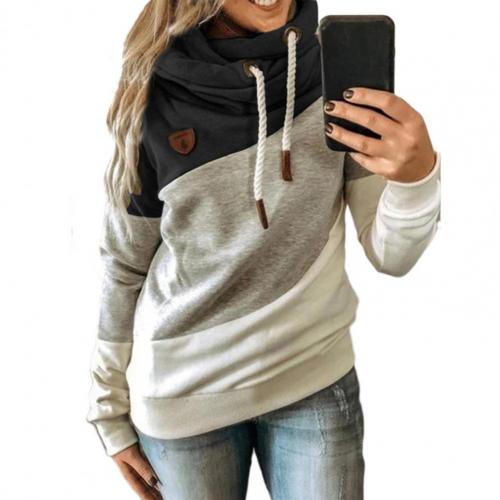 Women Casual Hoodies Color Block Patchwork Autumn Winter Long Sleeve Drawstring Hooded Top Streetwear - WH2150