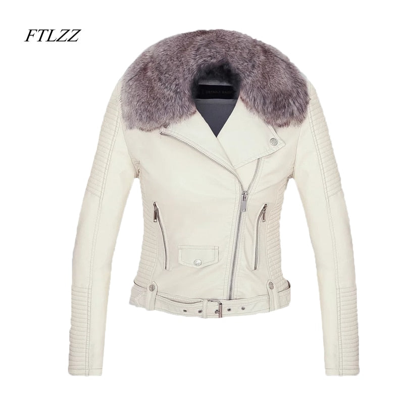 Women Winter Faux Leather Jacket Warm Large Collar Pu Faux Soft Leather Coat - WJK2583