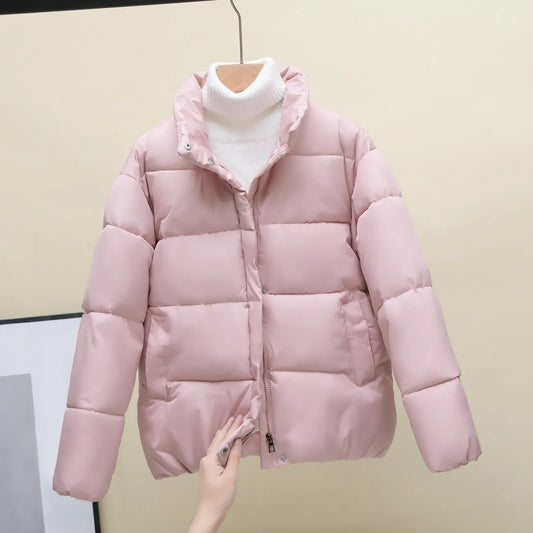 Women Winter Jacket Short Stand Collar Cotton Coat Loose Padded Bread Coat Solid Outwear - WPJ3054