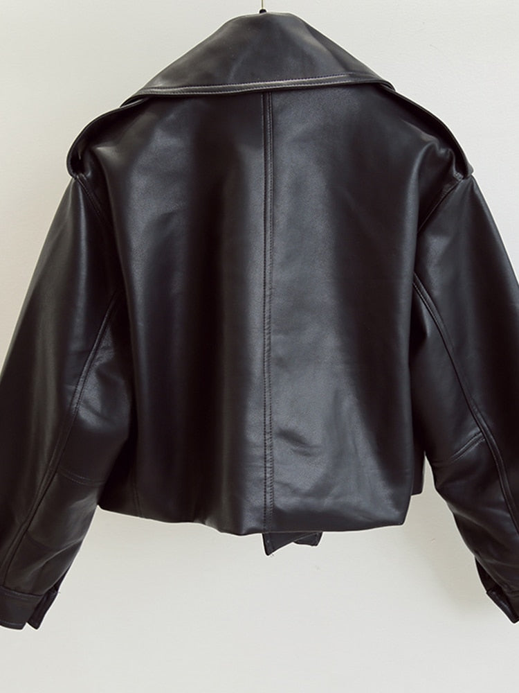 Women Faux Leather Jacket Biker Coat Turndown Collar PU Motorcycle Jackets Loose Streetwear Outerwear - WJK2573