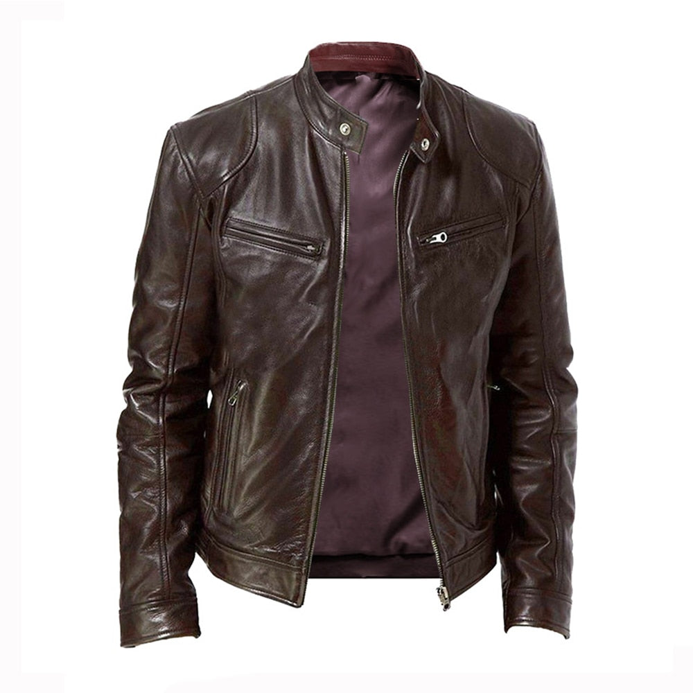 Men's Stand-Up Collar Slim Spring Leather Jacket Brown Black Zipper Pocket Pu Coat - MLJ2698