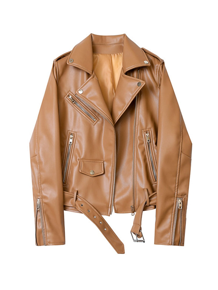 Women Spring Streetwear PU Faux Leather Short Jacket with Belt Moto Biker Basic Coat Turn-down Collar Zipper Jackets - WJK2640