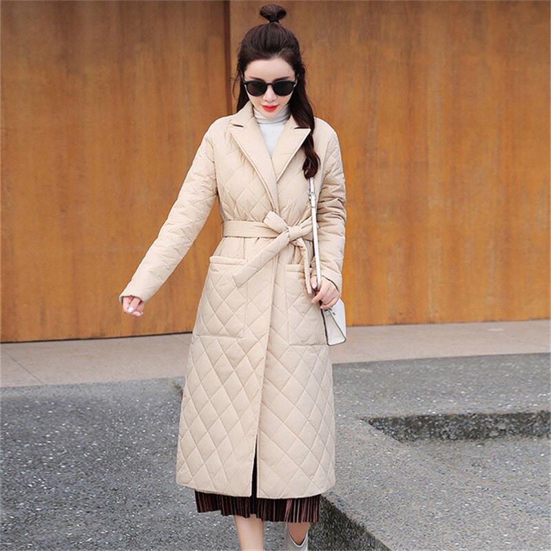 Woman Jacket Padded Belted Space Cotton Diamond Plaid Coat Over Knee Thin Long Overcoat - WPJ3049