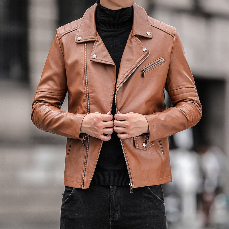 Mens Leather Jacket Slim Fit Stand Collar PU Jacket Male Anti-wind Motorcycle Zipper Faux Leather Jackets - MLJ2724