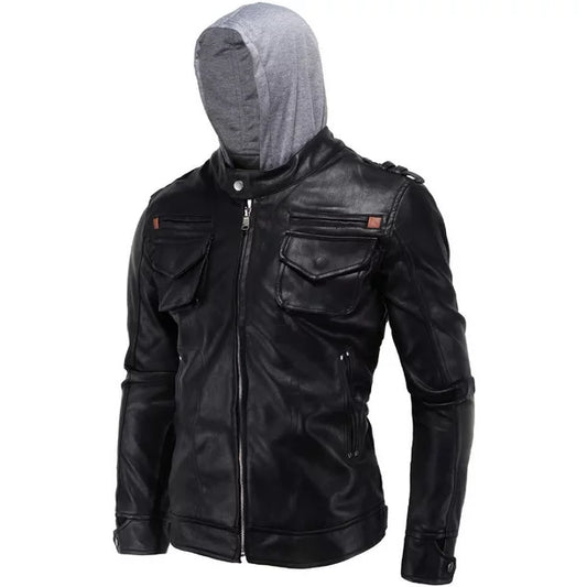 Men Hat Neck Warm Zipper Leather Jacket - C4363KMJK