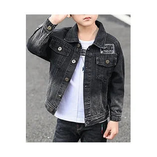 Kids Boys Trendy Letter Pattern Long Sleeve Comfortable Collar Neck Pockets Styled Fashionable Denim Jacket - KBJC33539