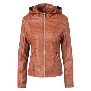 Women Classy Long Sleeve Hooded Slim Leather Jacket    WJC23267