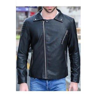 Men Stylish Diagonal Zipper Leather Jacket  MJC15416