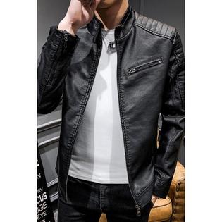 Men Zipper Pocket Long Sleeves Leather Jacket  C3513ZWJK