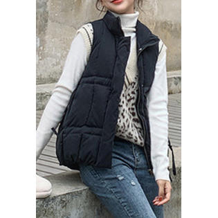 Women Zip Up Closure Solid Pattern Stand Up Collar Padded Vest - WJC23466