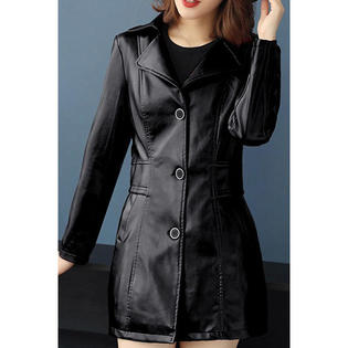Women Warm Caot Style Button Closure Leather Jacket   WJC23251