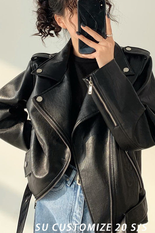 Women Long Sleeve Loose Style Fashionable Warm Soft Leather Jacket - WJK89121