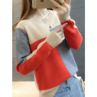 Women Comfortable Thick Long Sleeve Trendy Striped Pattern High Neck Stylish Winter Warm Pullover Sweater    C4058JPSW