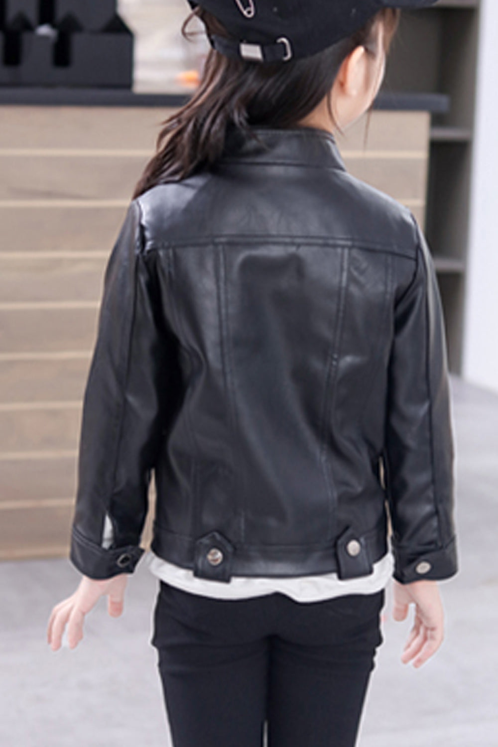 Kids Girls Collar Neck Long Sleeve Cute Leather Jacket - KGLJK90649