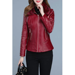 Women Dazzling Zipper Closure Pleate Sleeve Leather jacket   WJC23250