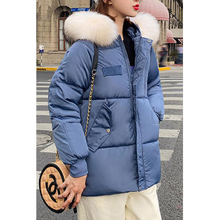 Women Fluffy Hood Wind Breaker Solid Pattern Loose Elastic Cuff Warm Padded Jacket - WJC23332