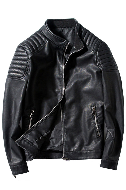 Men Pleated Shoulders Zip Up Leather Jacket - MJC15262