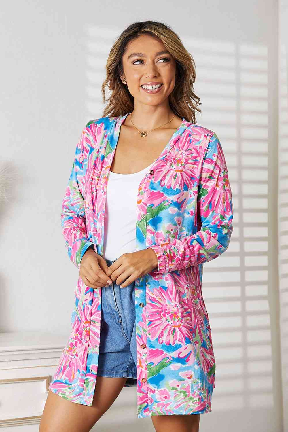 Women's Double Take Floral Open Front Long Sleeve Cardigan