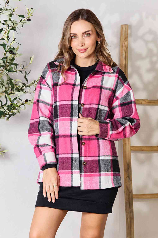 Women's Double Take Plaid Button Up Collared Neck Jacket