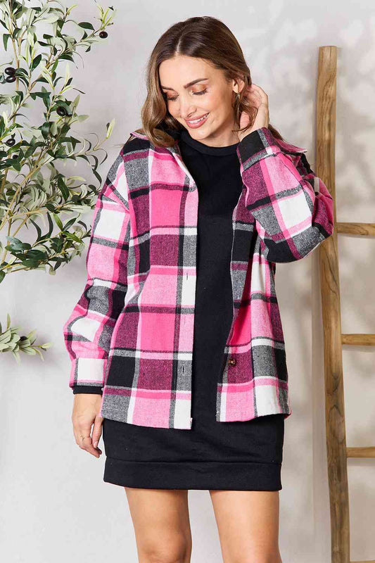 Women's Double Take Plaid Button Up Collared Neck Jacket