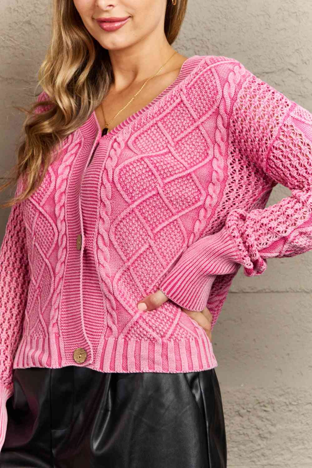 Women's HEYSON Soft Focus Full Size Wash Cable Knit Cardigan in Fuchsia
