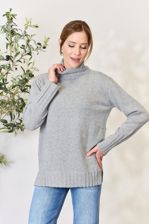 Women Heimish Full Size Turtleneck Long Sleeve Slit Sweater